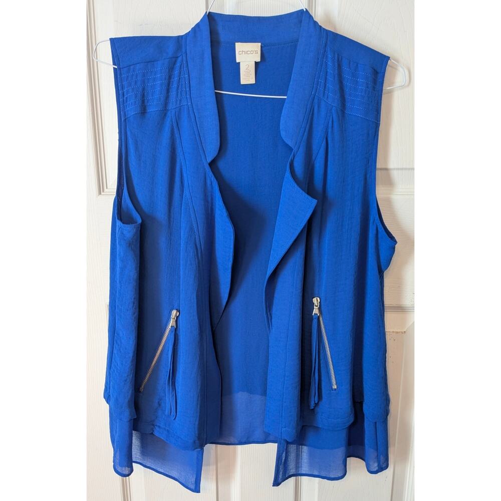 Chico's 2 Cobalt Blue Open Front Lagenlook Chiffon Layer Vest Large Zip Pockets